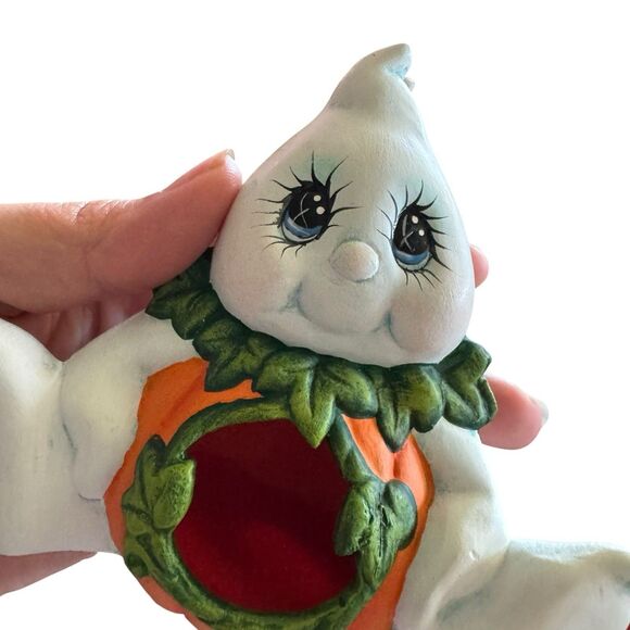 Ceramic Ghostly Pumpkins Hand Painted Halloween Figurine Shelf Sitters Set Of 2 - Picture 11 of 11